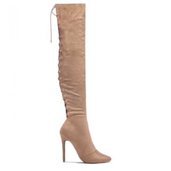 Stretchy Over the Knee Lace Up Boots in Taupe - Picture 2 of 14